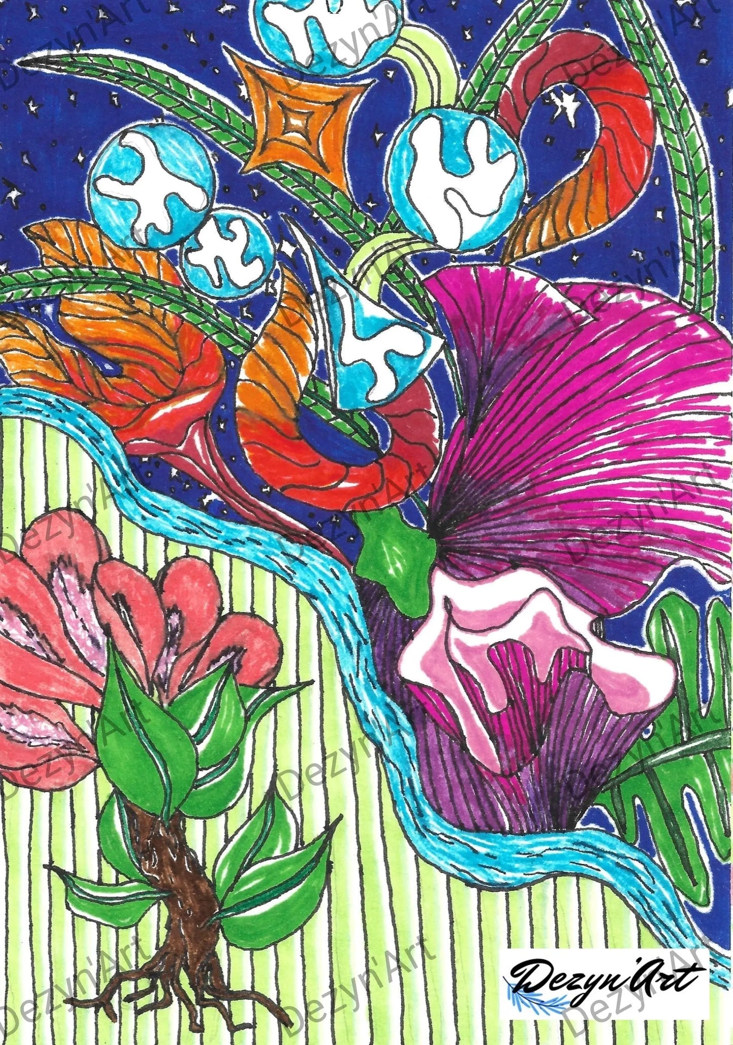 Dessin Jardin Floral 2 - Dessins numériques aux feutres, téléchargeables - Dezyn'Art Boutique en ligne