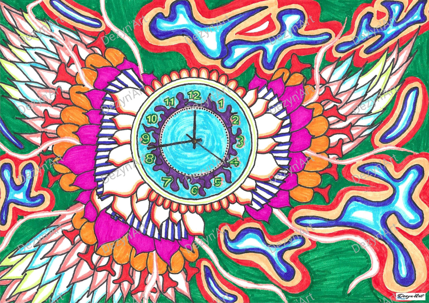 Dessin Horloge 1 - Dessins numériques aux feutres, téléchargeables  - Dezyn'Art Boutique en ligne