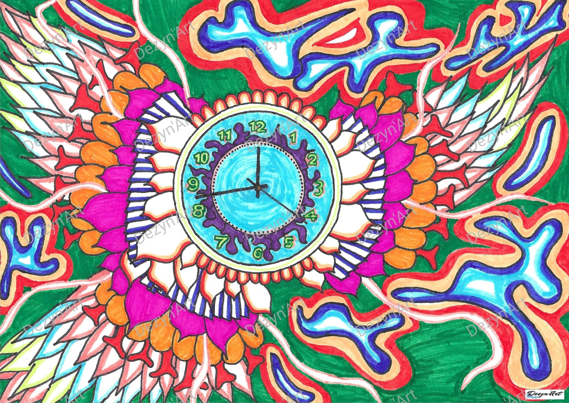 Dessin Horloge 1 - Dessins numériques aux feutres, téléchargeables  - Dezyn'Art Boutique en ligne